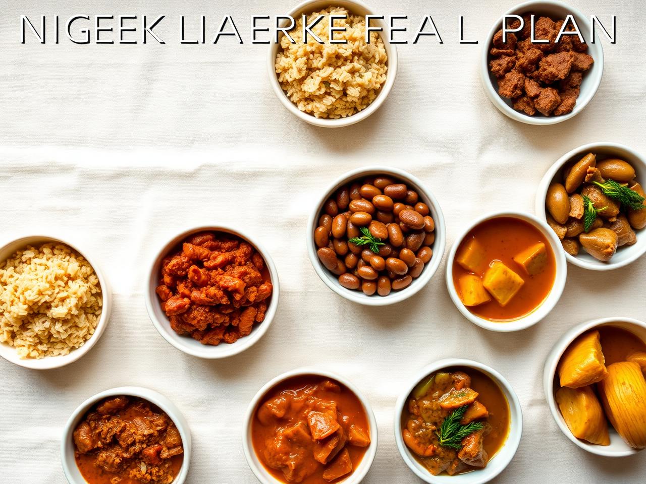 Seven bowls of Nigerian meals arranged as a weekly plan